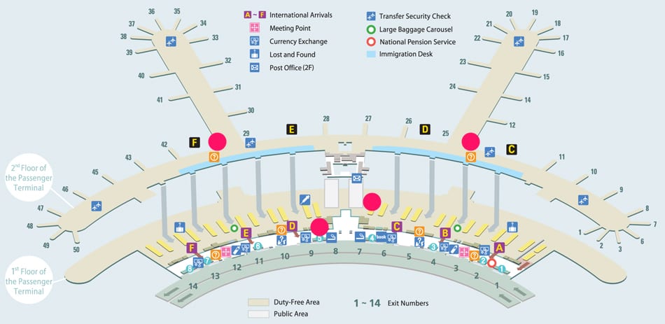 Vị trí của các quầy du lịch (Transit Tour Desk) bên trong sân bay Incheon (4 chấm đỏ lớn)