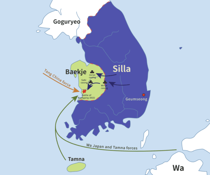 Bản đồ phân bố lãnh thổ của 3 quốc gia Goguryeo, Baekje và Silla thời Tam Quốc trong lịch sử Hàn Quốc.