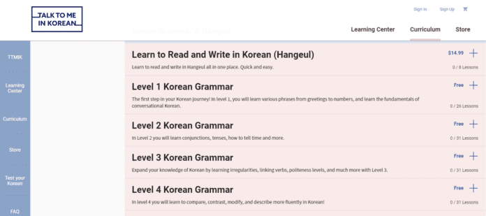 Ảnh minh họa của danh sách các bài giảng trong ứng dụng học tiếng Hàn Talk To Me in Korean.