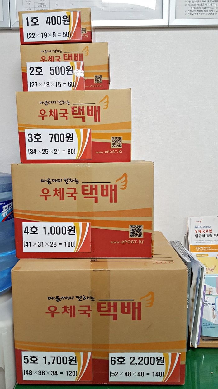 Các loại hộp gửi đồ với kích cỡ khác nhau thường thấy trong bưu điện ở Hàn Quốc.