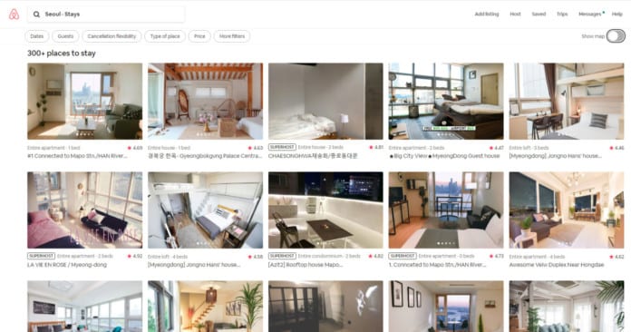 Listings in Seoul on Airbnb platform (Airbnb website)