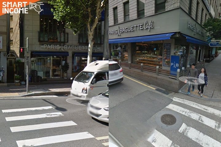 Các cửa hàng bánh của Paris Baguette luôn nằm ngay cạnh vị trí sang đường của người đi bộ.