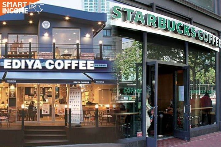 Quán cà phê Ediya (trái) và Starbucks (phải)