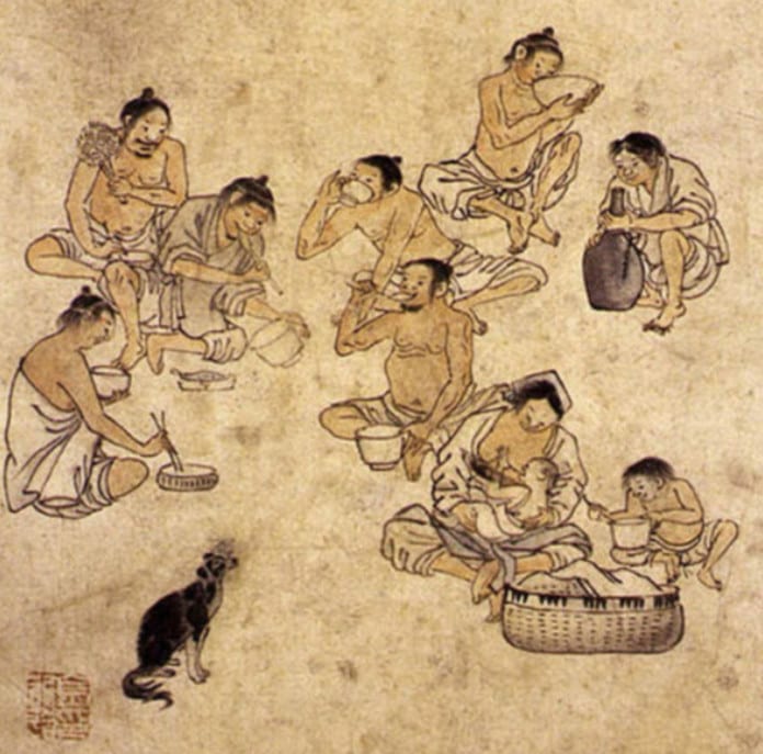 Tranh dân gian mô tả sinh hoạt hàng ngày của người Hàn Quốc thời Joseon trong mùa hè, đàn ông cởi trần uống rượu, cạnh đó là người phụ nữ mặc hanbok để lộ ngực đang cho con bú.