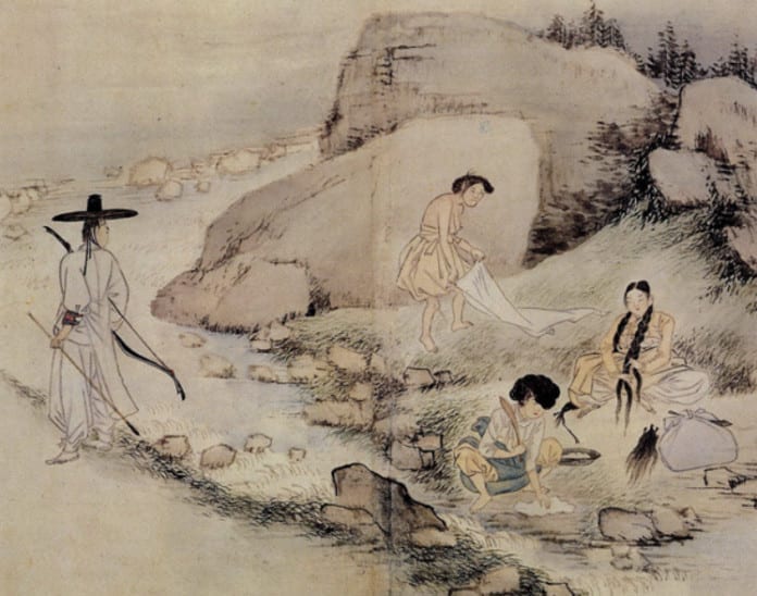 Tranh dân gian mô tả phụ nữ Hàn Quốc thời Joseon mặc hanbok đang giặt quần áo bên suối.