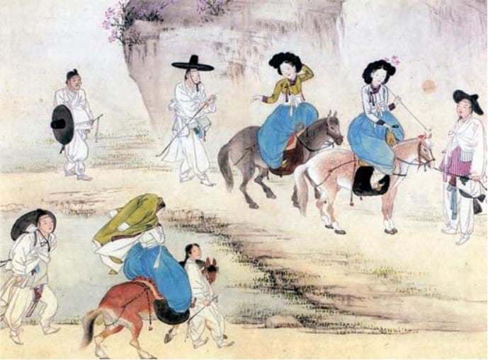 Tranh dân gian mô tả người Hàn Quốc thời Joseon, 4 nam giới quý tộc mặc hanbok trắng và 3 kỹ sinh mặc hanbok đang cưỡi ngựa.