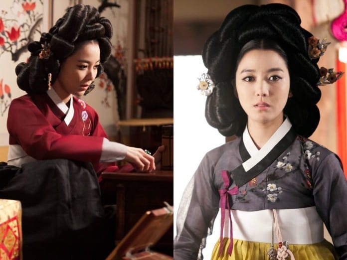 Hình ảnh thiếu nữ đầu đội tóc giả, mặc gisaeng hanbok với phần thân màu đỏ.