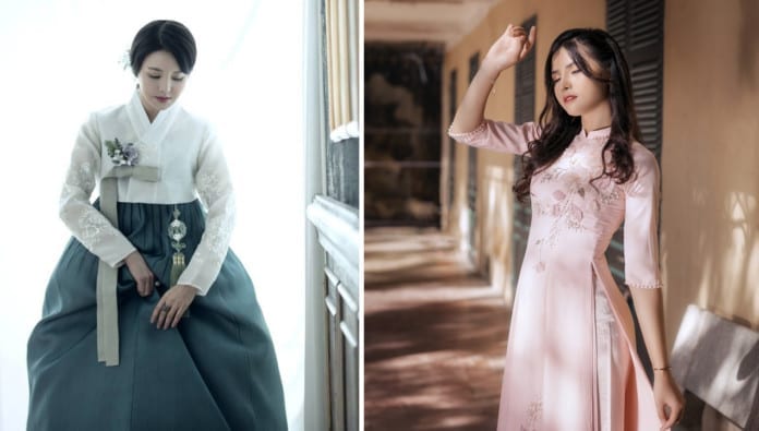 Hanbok của Hàn Quốc (trái) và áo dài của Việt Nam (phải), đều là những trang phục truyền thống đại diện cho dân tộc, cho quốc gia.
