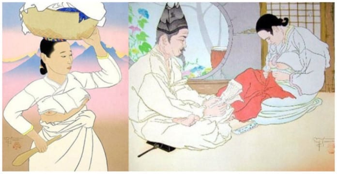 Tranh dân gian mô tả người phụ nữ Hàn Quốc thời Joseon với trang phục hanbok để lộ ngực.