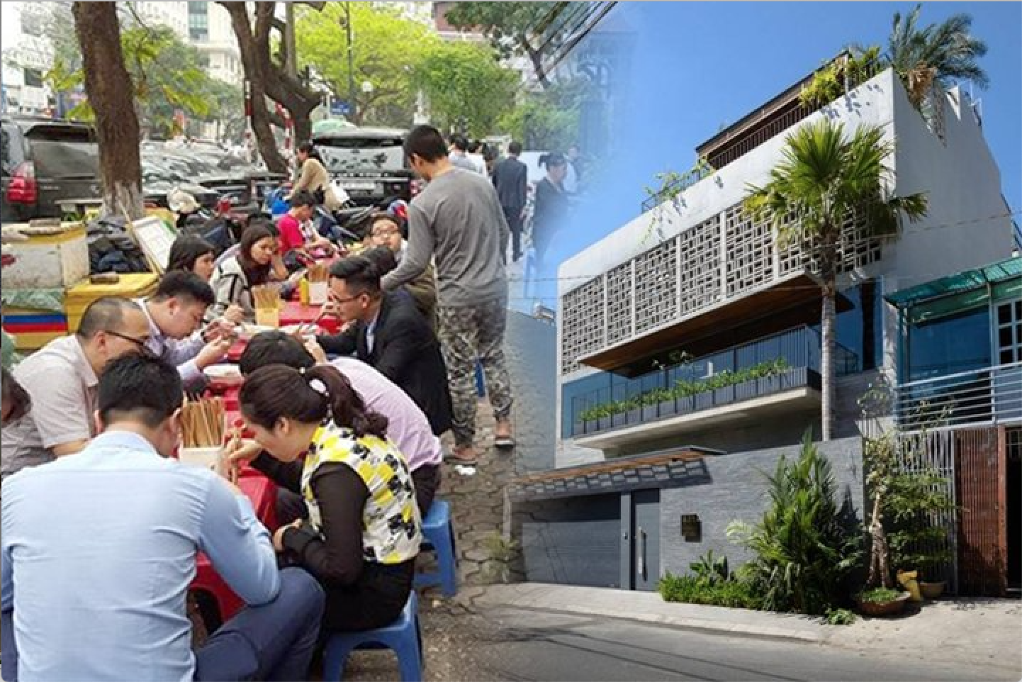 Hình ảnh quán ăn vỉa hè ở Việt Nam (bên trái) và căn hộ cao cấp (bên phải)