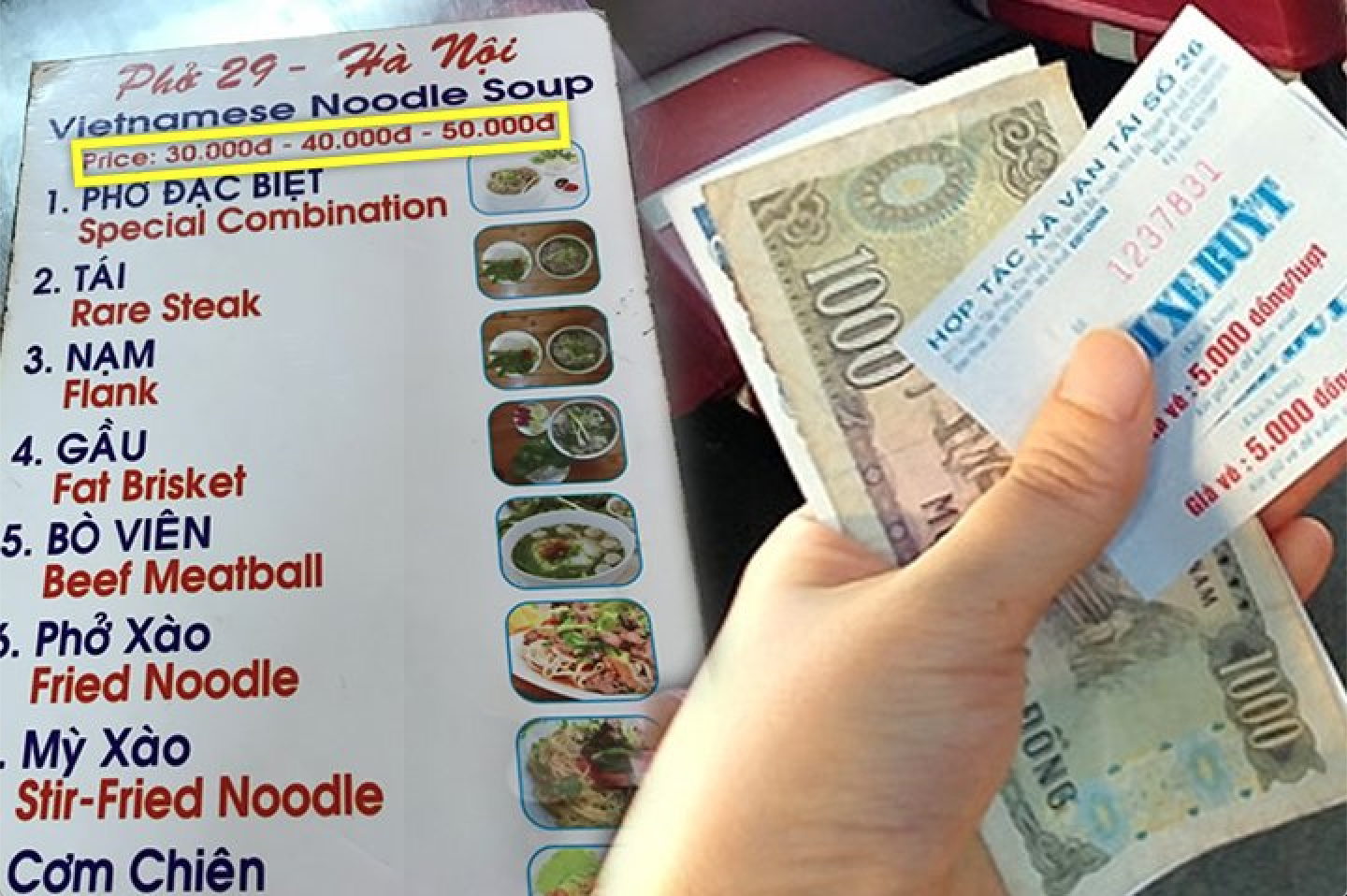Chi phí sinh hoạt tại Việt Nam: Menu món ăn Việt (bên trái) và hóa đơn thanh toán tiền vé xe bus (bên phải)